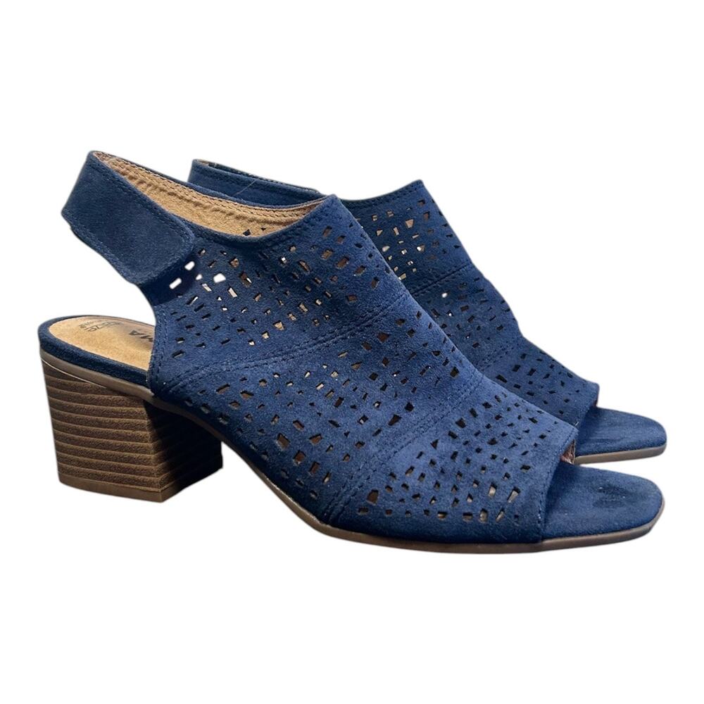 Women’s 7.5 Vitalize by Ortholite Navy Suede Boho Peep-toe Block Heel Sandal